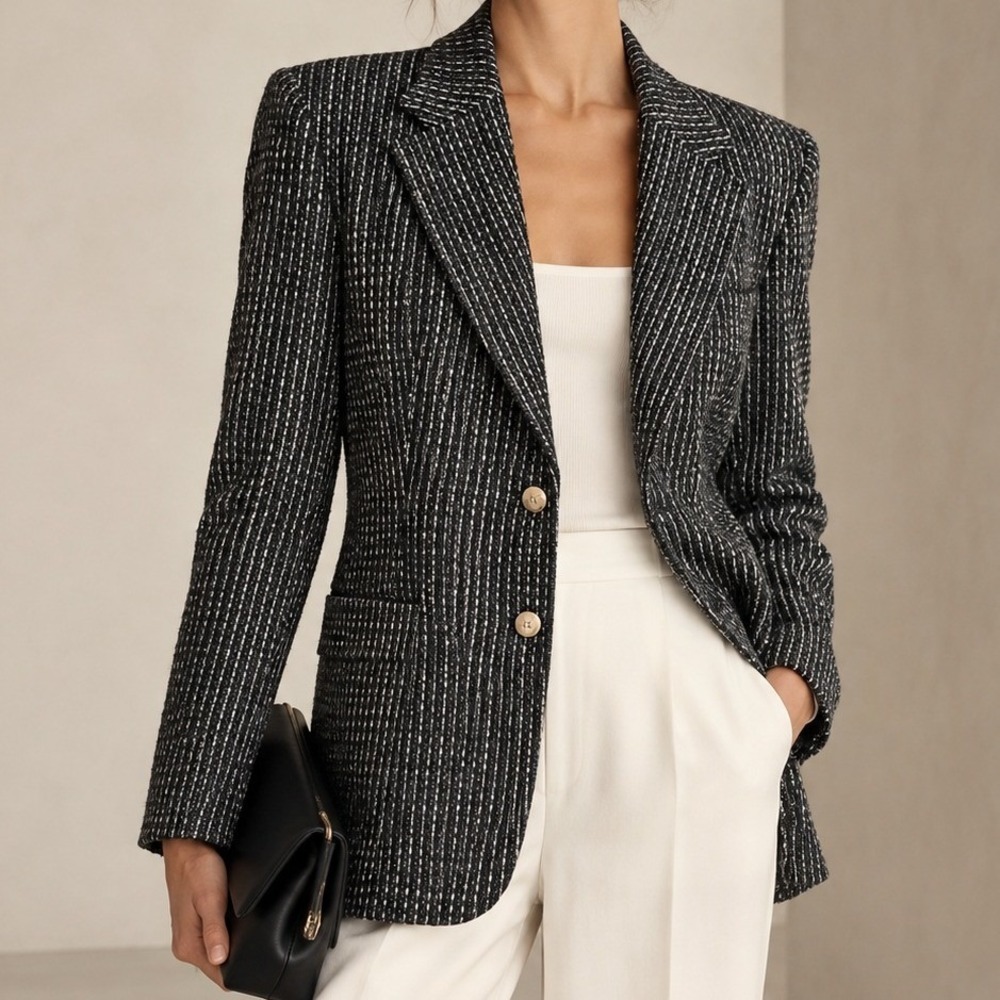 Vintage Diane Von Furstenberg Wool Blend Textured Stripe Blazer Navy Blue 10